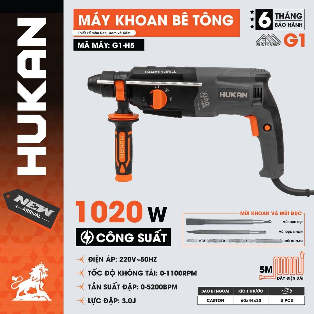 Máy khoan bê tông 3 chức năng HUKAN G1-H5, Công suất 1020w, Lực đập 3,0j - Dây điện dài 5 mét
