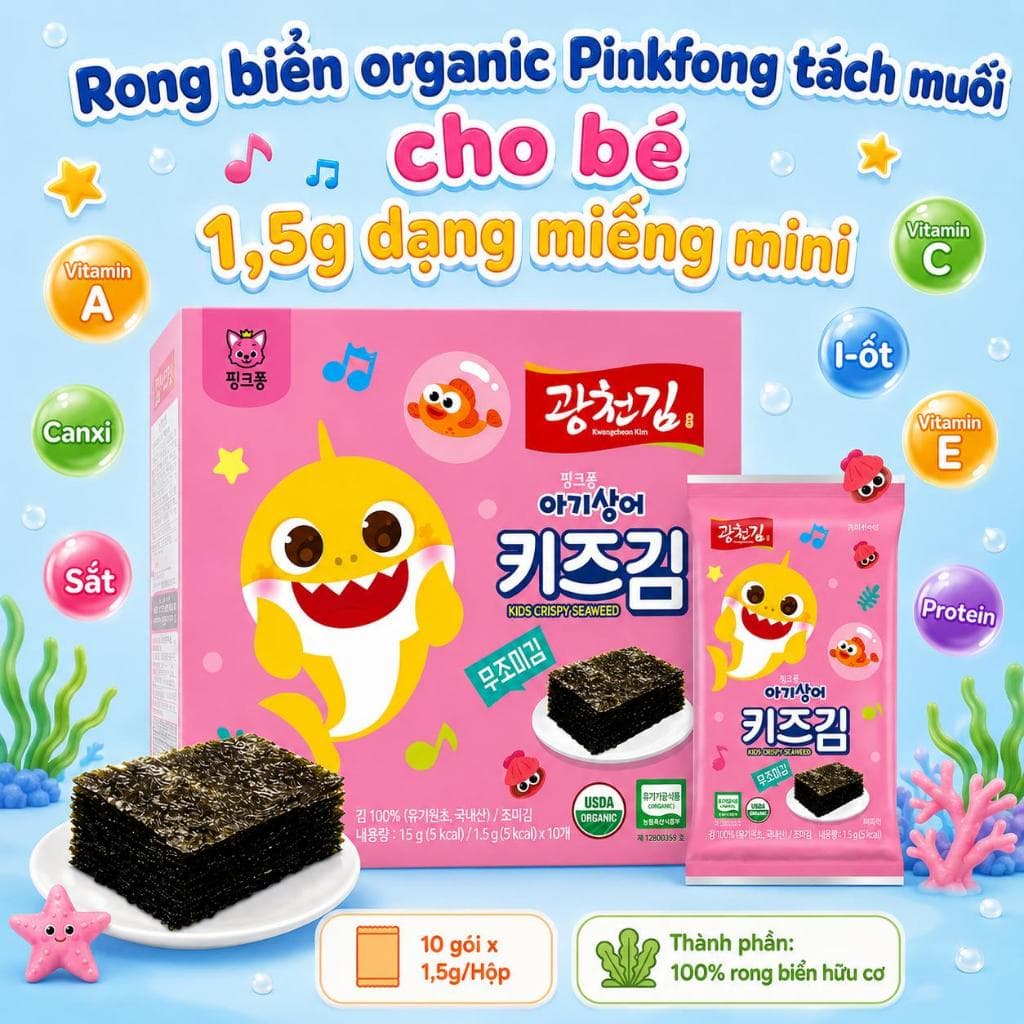 Rong biển organic Pinkfong tách muối cho bé 1,5g dạng miếng mini