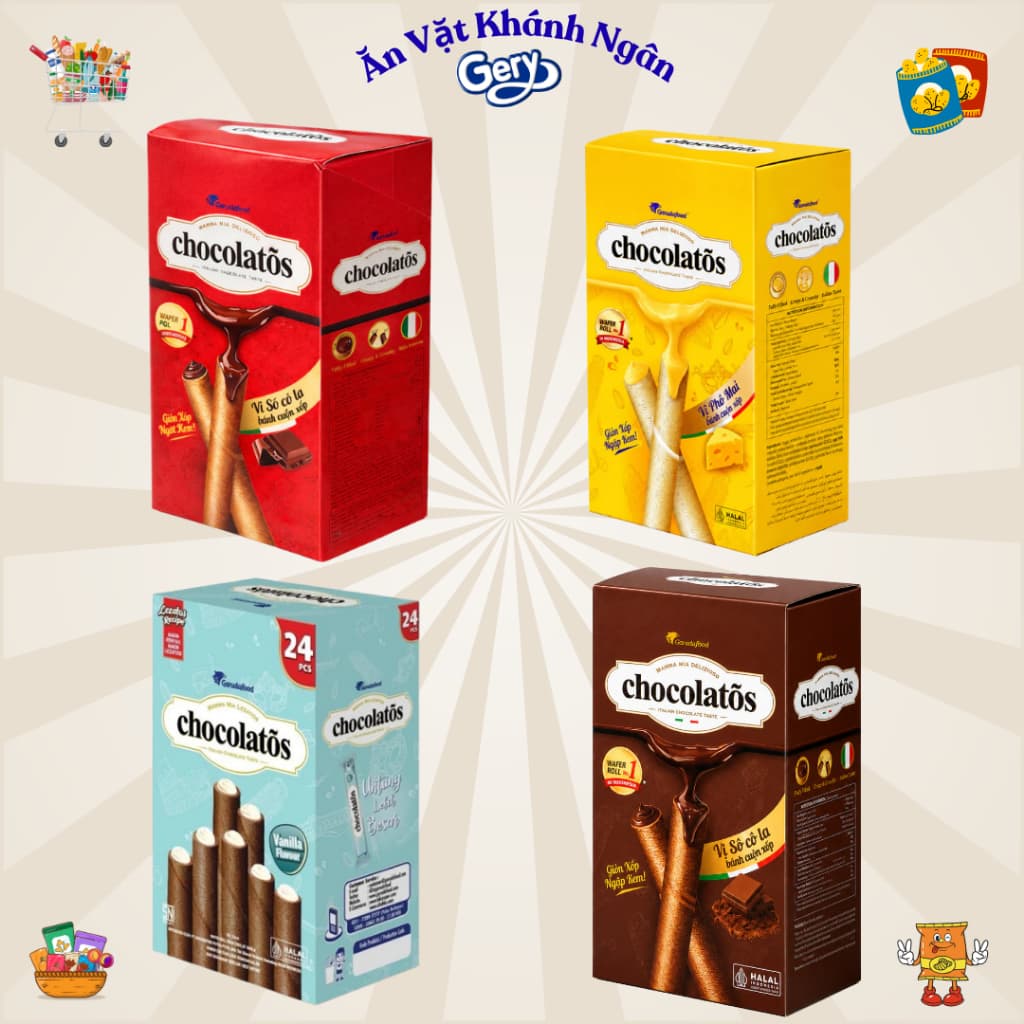 Bánh Cuộn Xốp Chocolatos Nhiều Vị (Sôcôla, Vani, Phô mai) - Hộp 24 gói - HÀNG CHÍNH HÃNG