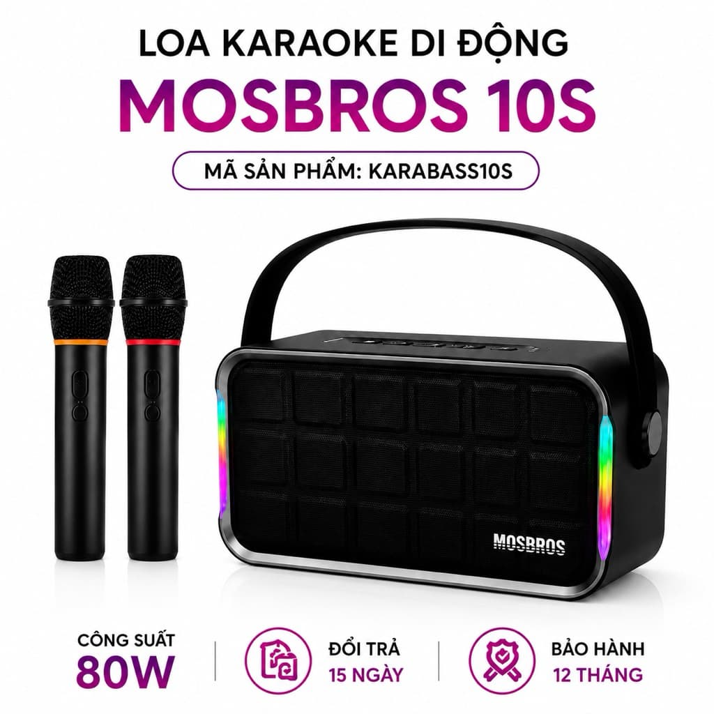 Loa Karaoke Bluetooth MOSBROS KaraBass 10S Kèm 2 Micro Không Dây - Bass Mạnh, Đèn RGB, Hỗ Trợ Bluetooth/USB/TF/AUX, TWS