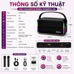 Loa Karaoke Bluetooth MOSBROS KaraBass 10S Kèm 2 Micro Không Dây - Bass Mạnh, Đèn RGB, Hỗ Trợ Bluetooth/USB/TF/AUX, TWS 4