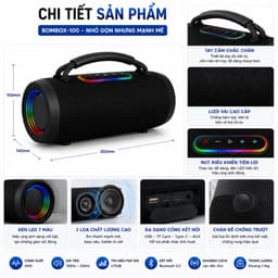 Loa Bluetooth BOMBOX-100 40W Âm Bass Mạnh | Loa Di Động 2 Loa, Pin Lithium 2000-4000mAh, Bluetooth 5.0, Đèn LED 7 Màu 6