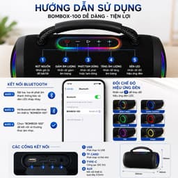 Loa Bluetooth BOMBOX-100 40W Âm Bass Mạnh | Loa Di Động 2 Loa, Pin Lithium 2000-4000mAh, Bluetooth 5.0, Đèn LED 7 Màu 4