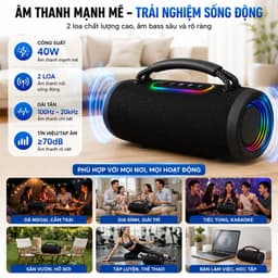 Loa Bluetooth BOMBOX-100 40W Âm Bass Mạnh | Loa Di Động 2 Loa, Pin Lithium 2000-4000mAh, Bluetooth 5.0, Đèn LED 7 Màu 3