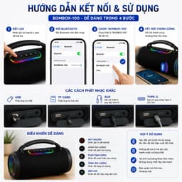 Loa Bluetooth BOMBOX-100 40W Âm Bass Mạnh | Loa Di Động 2 Loa, Pin Lithium 2000-4000mAh, Bluetooth 5.0, Đèn LED 7 Màu 7