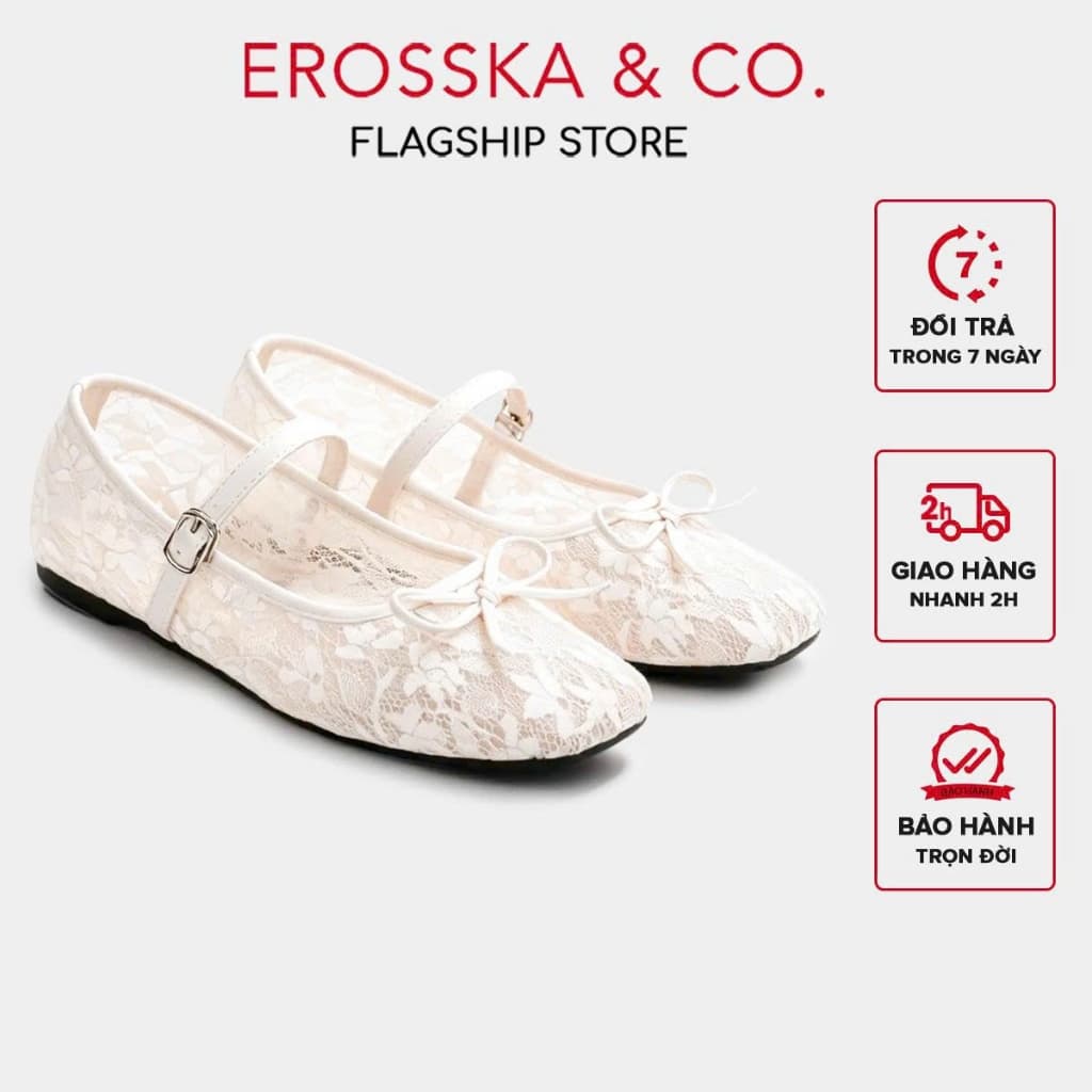 [Erosska] - Giày búp bê nữ balletcore lưới phối nơ màu trắng - EL085