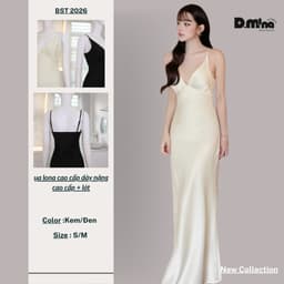 (Dmina) Đầm Lụa 2 Dây Dmina Cổ Tim Hở lưng (không mút) Nhún V1 dáng dài dây tuỳ chỉnh nữ tính sang chảnh 1