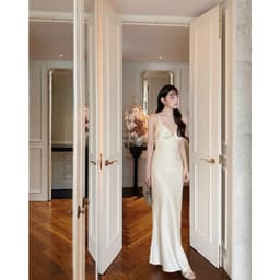 (Dmina) Đầm Lụa 2 Dây Dmina Cổ Tim Hở lưng (không mút) Nhún V1 dáng dài dây tuỳ chỉnh nữ tính sang chảnh 3