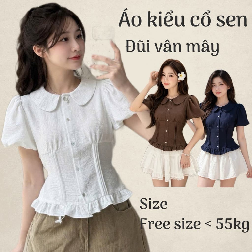 Áo sơ mi cổ bèo tay bồng xếp ly eo chất đũi vân mây có dây buộc eo tăng chỉnh  AD3855 - Fashion73