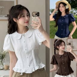 Áo kiểu sơ mi nữ cổ bèo tay phồng xinh xắn chất đũi vân mây có dây cột em tôn dáng BYN BYN AD38 1