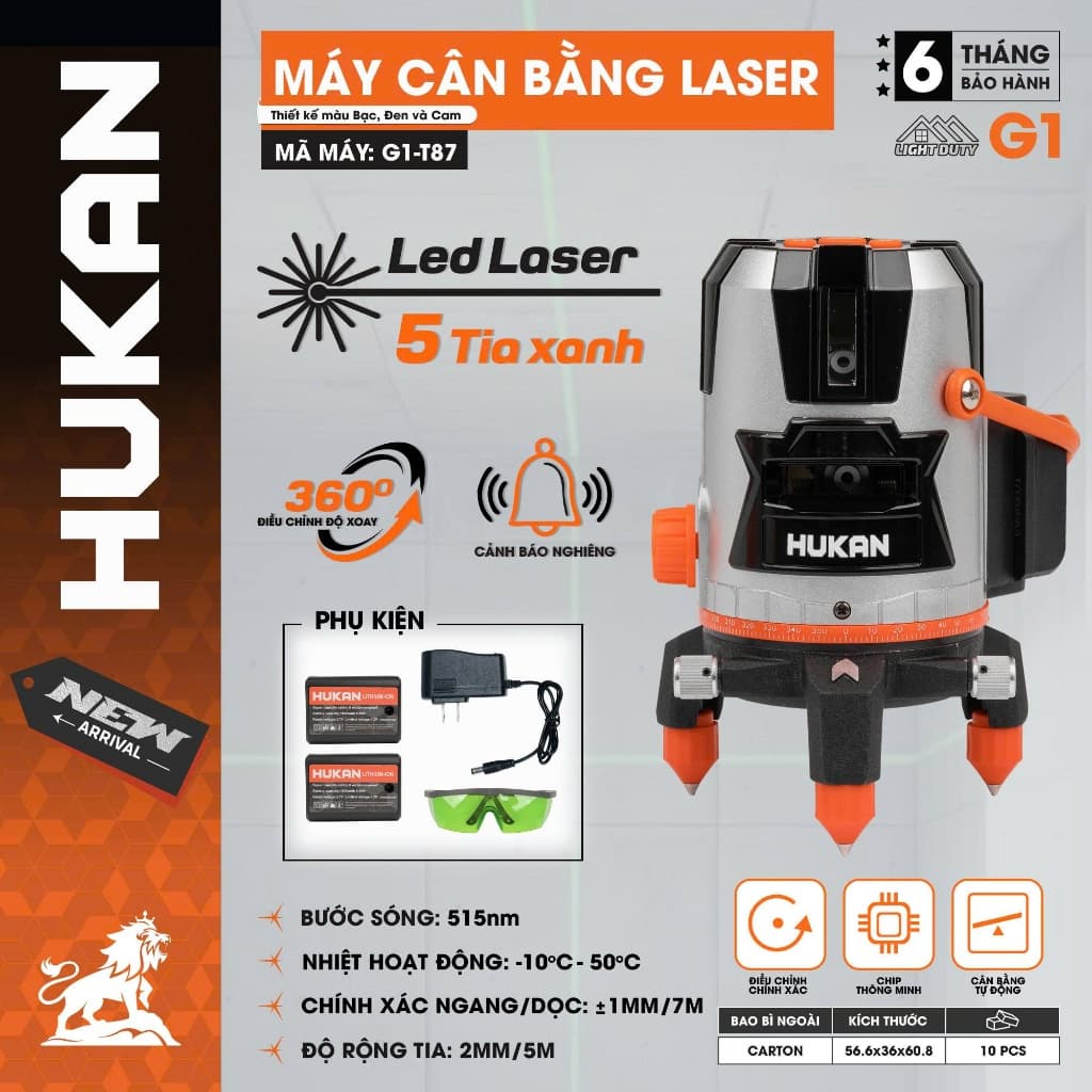 Máy cân bằng laser HUKAN G1-T87, Máy bắn cos 5 tia xanh siêu sáng, Kèm 2 pin, Điều chỉnh xoay 360 độ