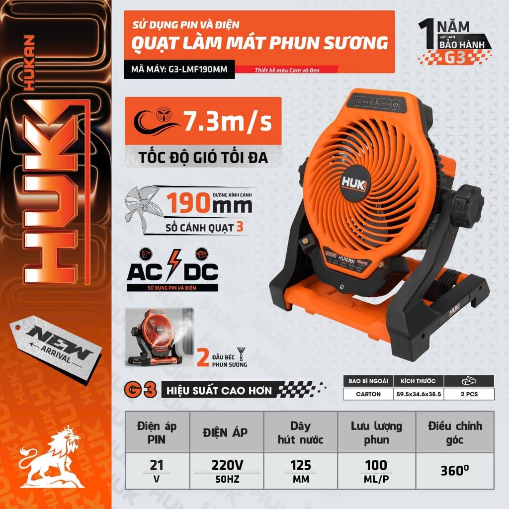 Quạt Làm Mát Phun Sương HUKAN G3-LMF190MM, Tốc Độ Gió Tối Đa 7.3m/s, Lồng 190mm, Dùng Pin Và Điện