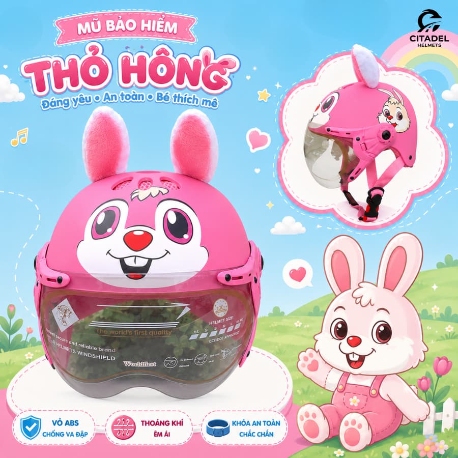 Mũ Bảo Hiểm 1/2 Camry Helmets Cho Bé Trai Bé Gái – Hình In Hoạt Hình, Có Tai, Kính Ngắn, Giấy Tờ Đầy Đủ