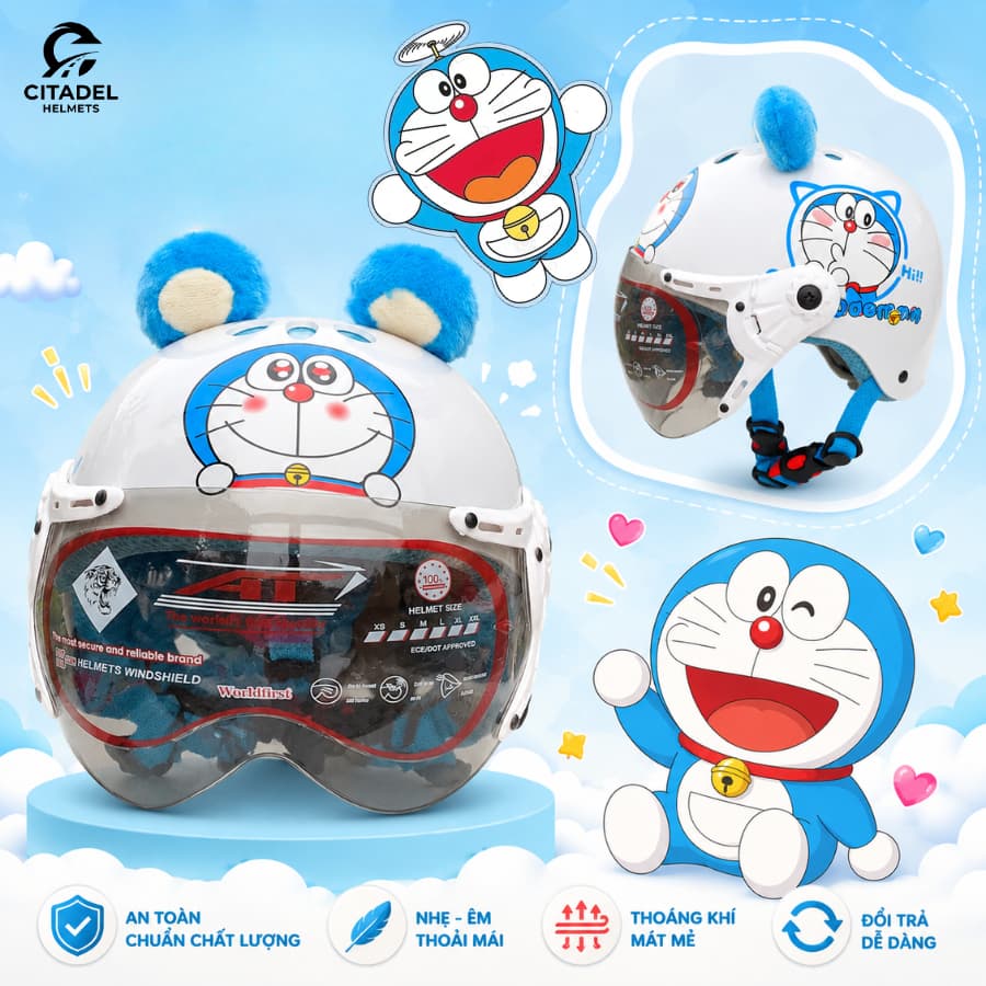 Mũ Bảo Hiểm 1/2 Camry Helmets Cho Bé Có Tai Kính Ngắn – Hình In Hoạt Hình Dễ Thương, Bảo Hành 12 Tháng