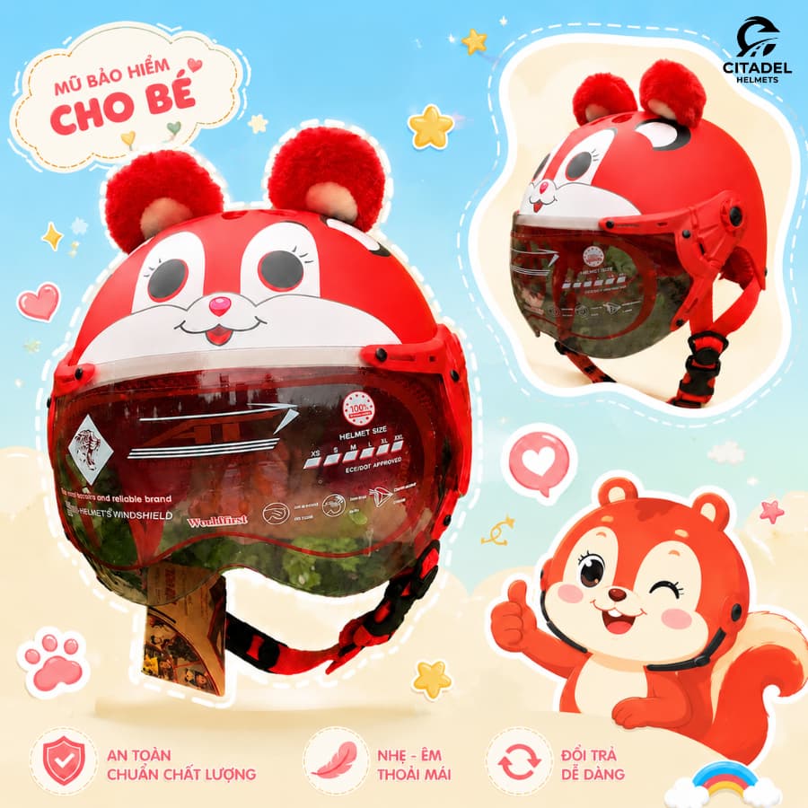 Mũ bảo hiểm  cho bé - Kính ngắn có tai, hình in dễ thương, đội êm, bảo hành 12 tháng, giấy tờ đầy đủ.