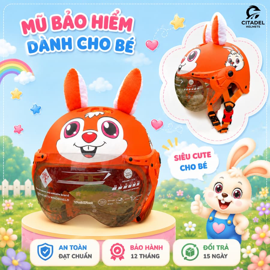 Mũ Bảo Hiểm 1/2 Camry Helmets Trẻ Em – Hình In Dễ Thương, Kính Ngắn Có Tai, Phù Hợp Cho Cả Bé Nam Và Bé Nữ
