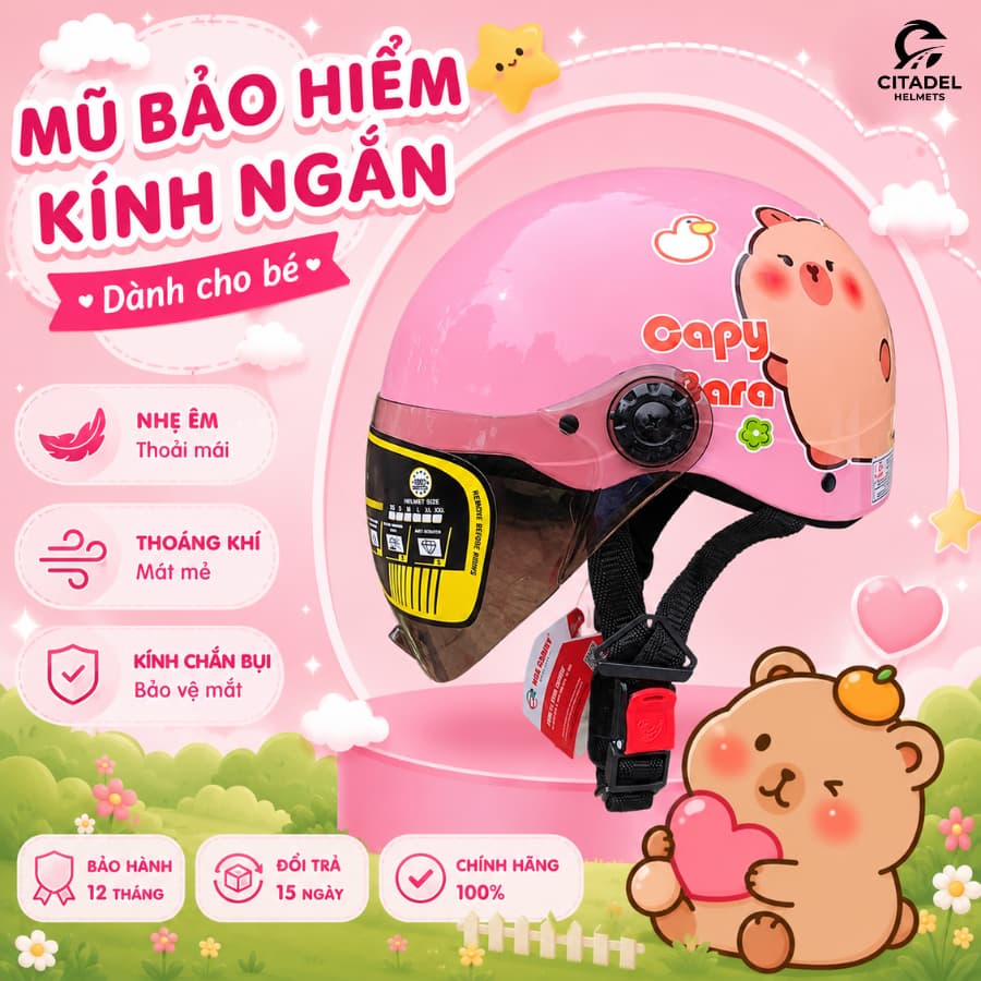 Mũ Bảo Hiểm Cho Bé Camry Kính Ngắn, Mũ Bảo Hiểm Trẻ Em Có Kính, Họa Tiết Hoạt Hình Dễ Thương, Giấy Tờ Đầy Đủ