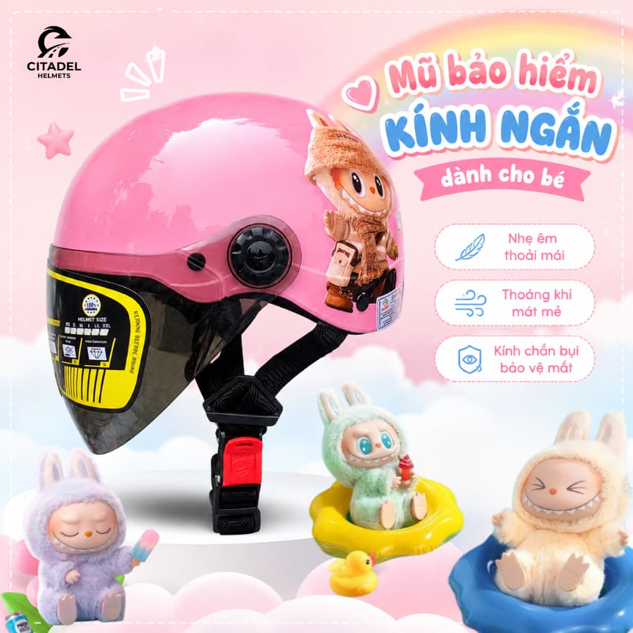 Mũ Bảo Hiểm Camry Dễ Thương Cho Bé, Kính Ngắn, Đội Êm, Thoáng Khí - Bảo Hành 12 Tháng!