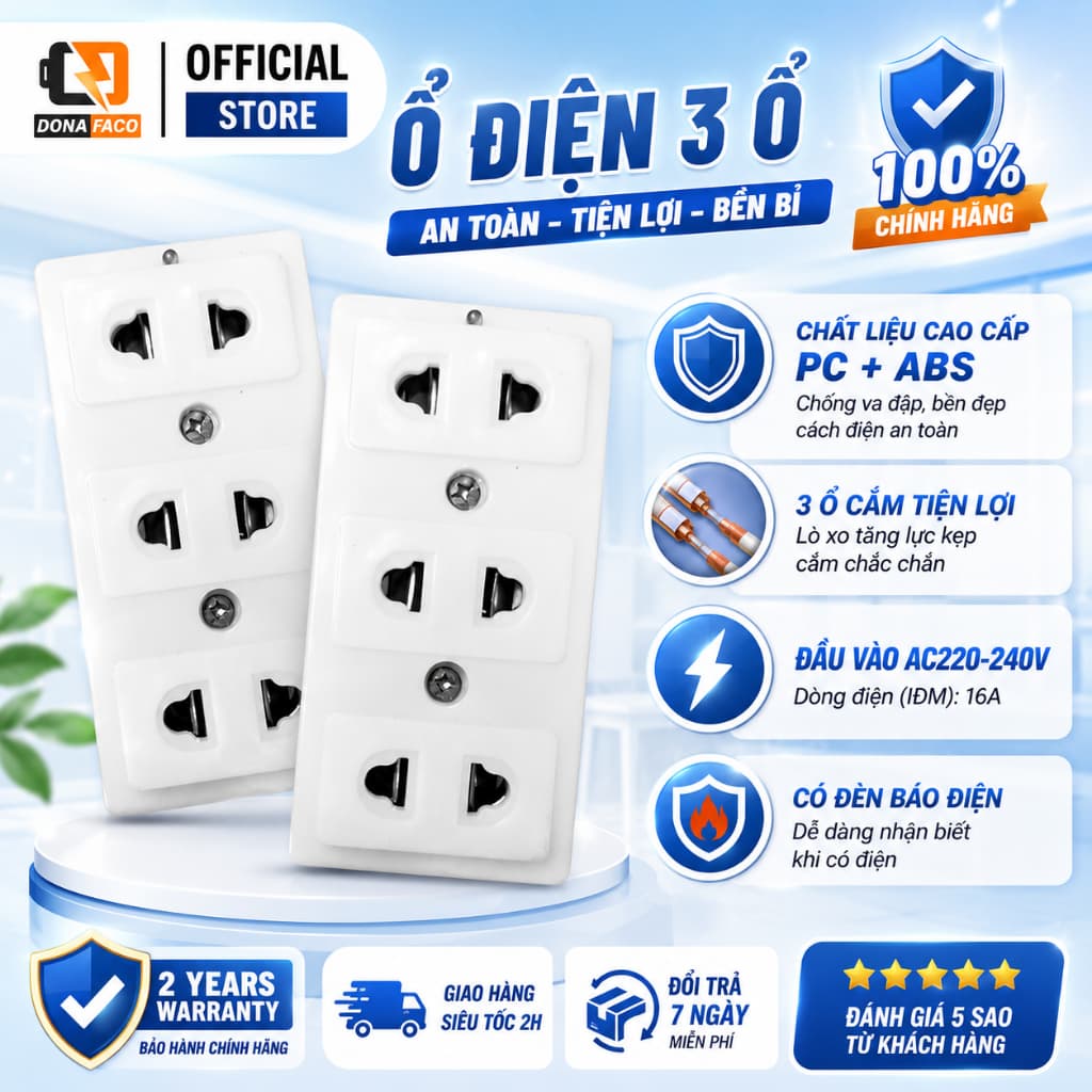 Ổ cắm điện chống cháy nhựa ABS 3 lỗ 2 chấu đồng cao cấp chịu tải chống giật