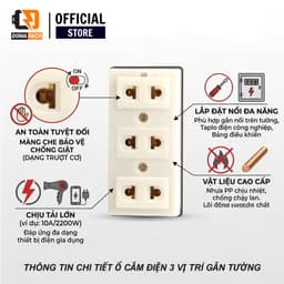 Ổ cắm điện chống cháy nhựa ABS 3 lỗ 2 chấu đồng cao cấp chịu tải chống giật 2