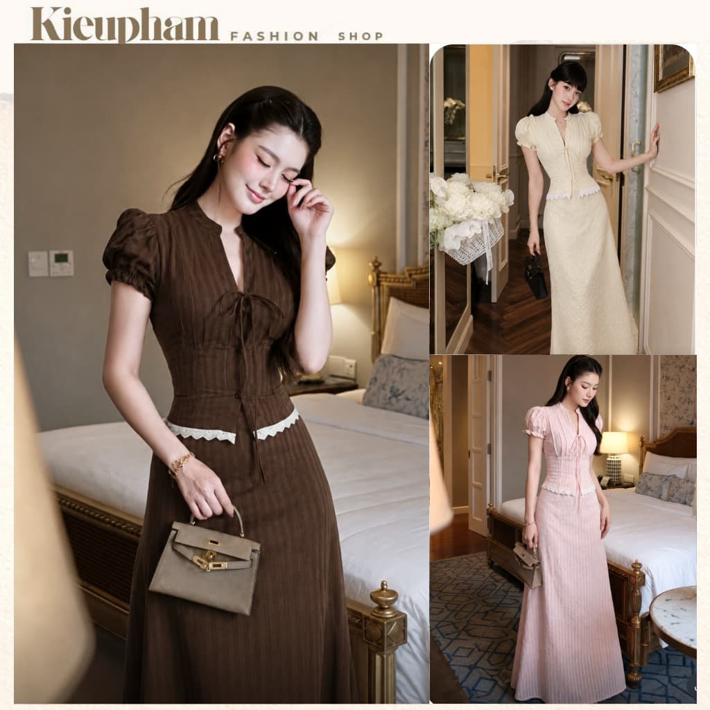 [Set Tiểu Thư Vintage-Dài] Set Áo Tay Phồng Chiết Eo Chân Váy Dài Tôn Dáng Tiểu Thư Thanh Lịch