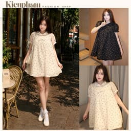 Váy Babydoll Nơ Nhí Cổ Sen Tay Phồng Dáng Suông Tiểu Thư Hàn Quốc Vintage Đen/Kem 1