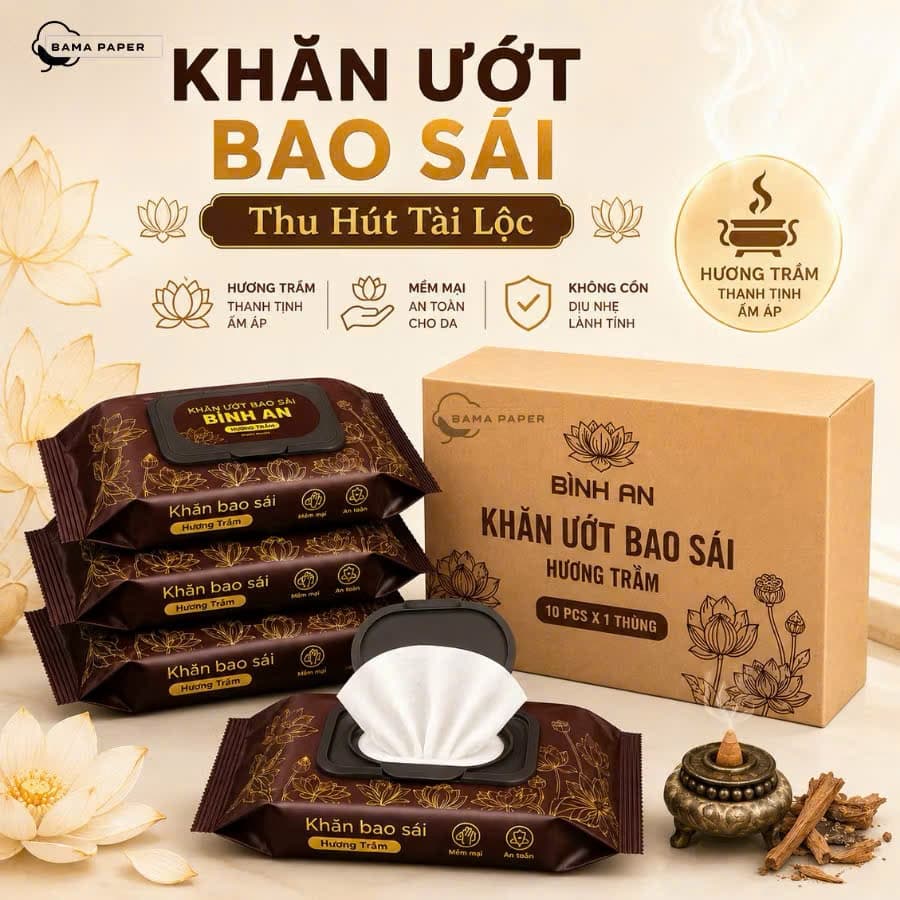 Thùng 10 Gói Khăn Ướt Lau Ban Thờ Phúc An,Khăn Ướt Bao Sái Hương Vị Trầm Tự Nhiên