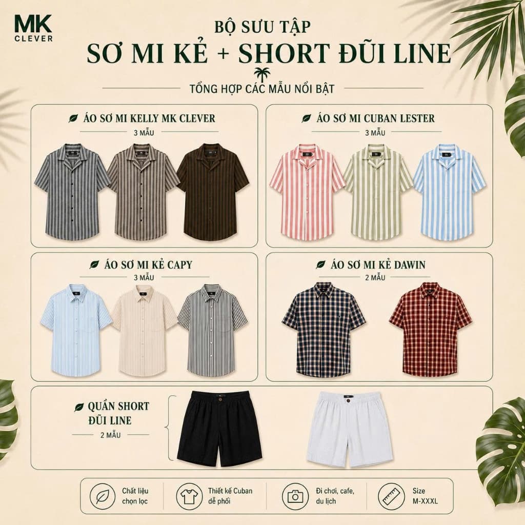Bộ sưu tập Bộ Sơ Mi Kẻ và Quần short đũi Line MK CLEVER chất vải thoáng mát, thấm hút tốt, thoải mái form rộng hằng ngày