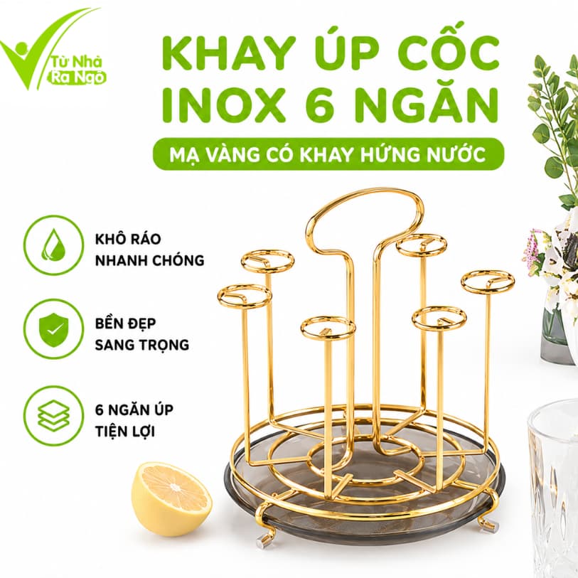 Giá Úp Ly Inox 304 Chống Gỉ 6 Ngăn Mạ Vàng Cao Cấp Kèm Khay Hứng Nước Tiện Lợi Dễ Vệ Sinh Bền Đẹp GD245
