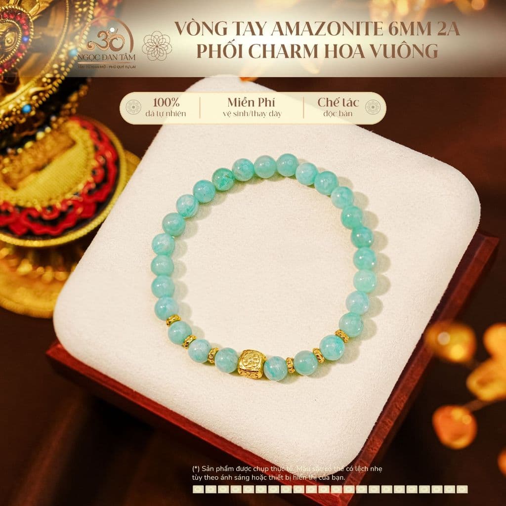 Ngọc Đan Tâm - Vòng Tay Amazonite 6mm 2A Phối Charm Hoa Vuông