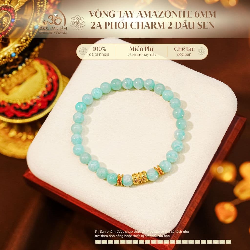 Ngọc Đan Tâm - Vòng Tay Amazonite 6mm 2A Phối Charm 2 Đầu Sen