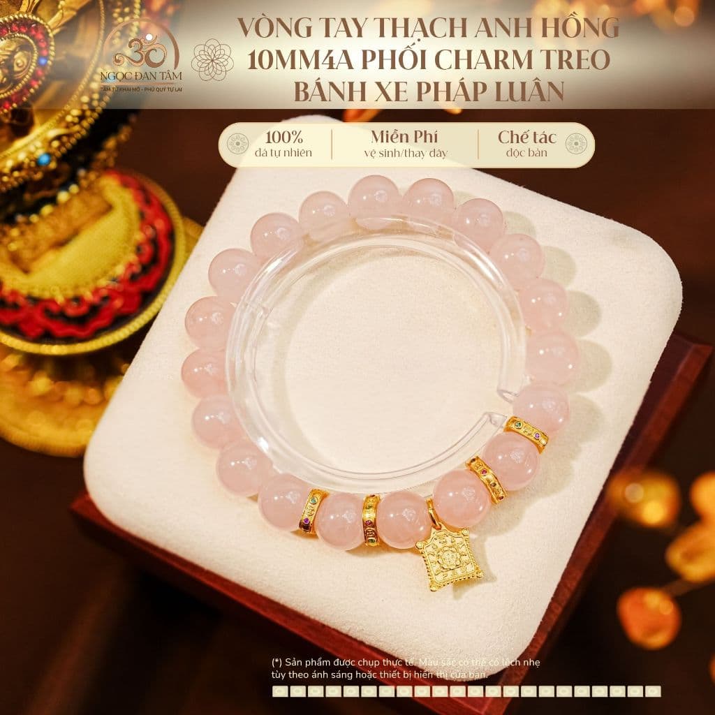 Ngọc Đan Tâm - Vòng Tay Thạch Anh Hồng 10mm 4A Phối Charm Bánh Xe Pháp Luân