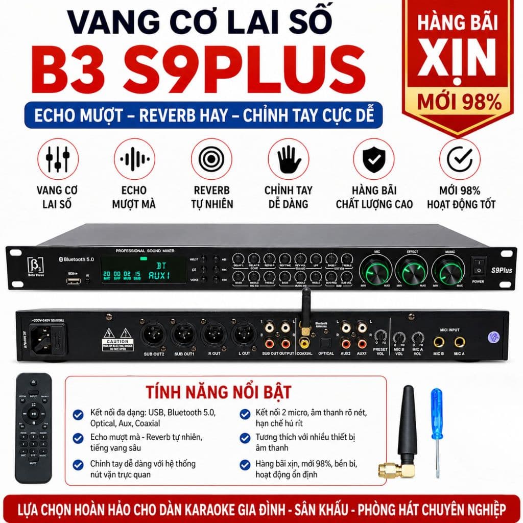  Vang Karaoke S9 Plus – Vang Cơ Lai Số Bluetooth, Echo Hay, Reverb Mềm, Kết Nối TV.