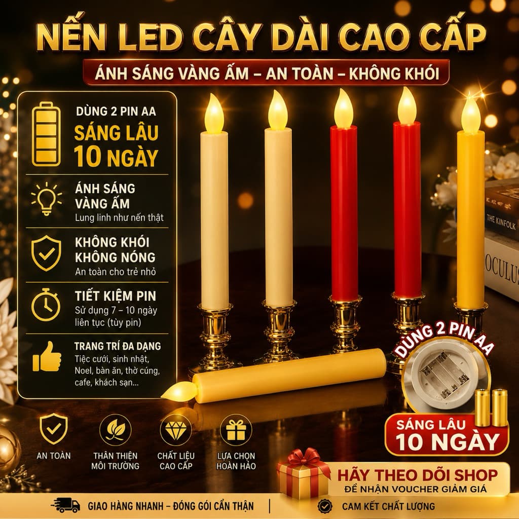 (1 Cặp) Nến Cây Điện Tử LED Dùng Pin AA Sáng Lâu (Đã Gồm Pin)
