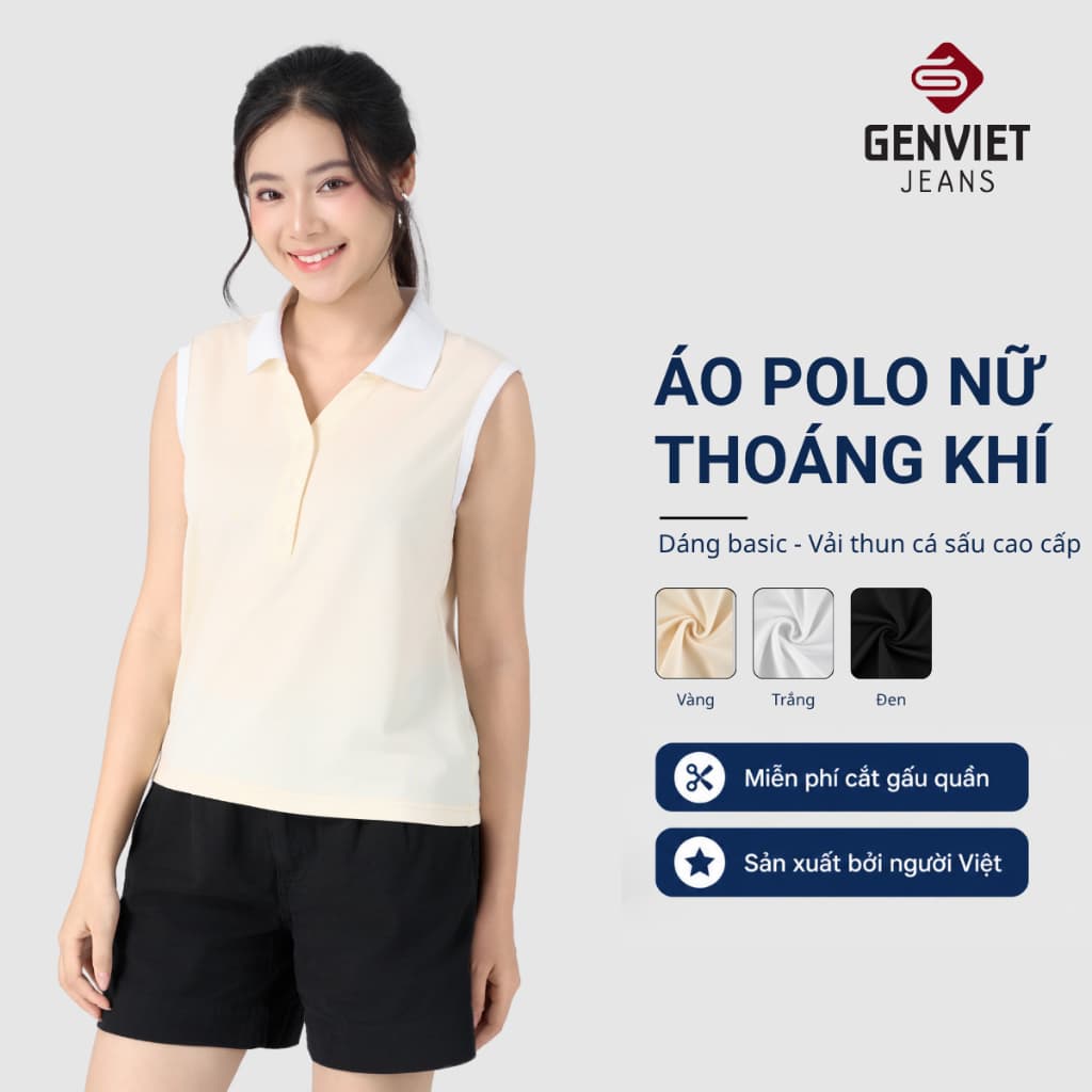 Deal Tốt- Áo polo nữ sát nách GENVIET JEANS dáng suông vải poplin cao cấp, thấm hút mồ hôi, co giãn đi làm 9231
