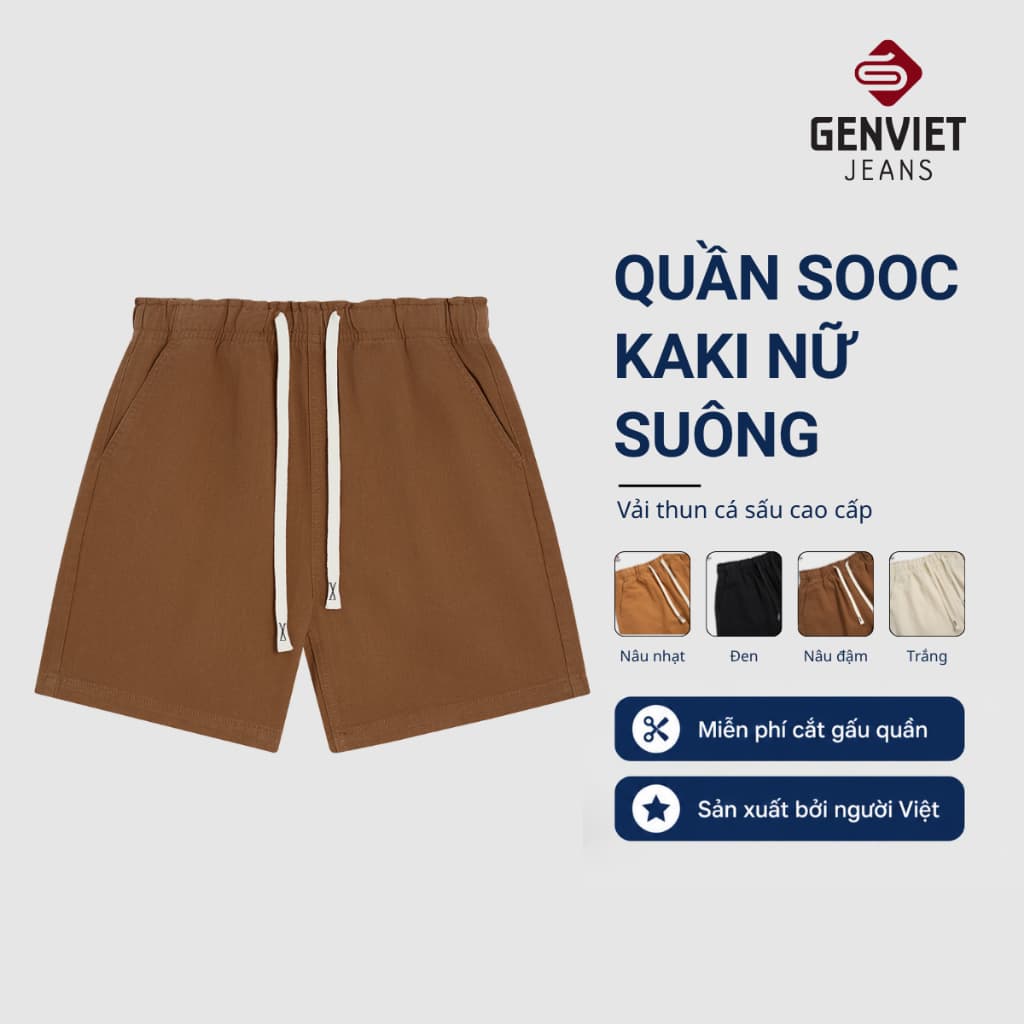 Quần short kaki nữ GENVIET JEANS chất thô cạp chun basic thoải mái mặc đi chơi du lịch 8906