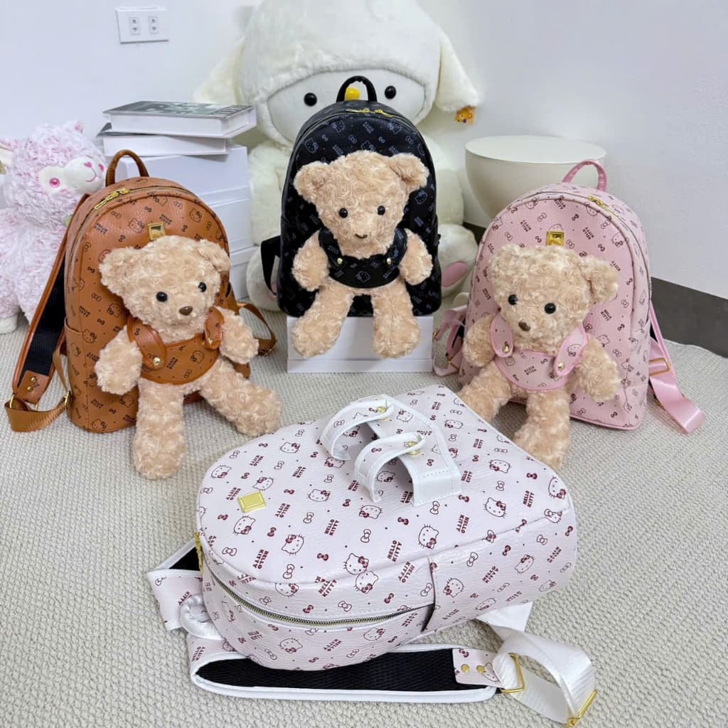 Balo Nữ Gấu Bông Hello Kitty Da PU Cao Cấp Size 40 – Balo Đi Học Đi Chơi Form Lớn Nhiều Ngăn, Kèm Gấu Bông Tháo Rời