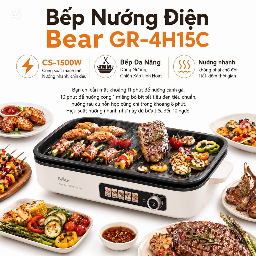 Bếp Nướng Điện Bear GR-4H15C, CS-1500W, Bếp Đa Năng Dùng Nướng, Chiên Xào Linh Hoạt, Nướng Nhanh Ít Khói Không Lo Ám Mùi