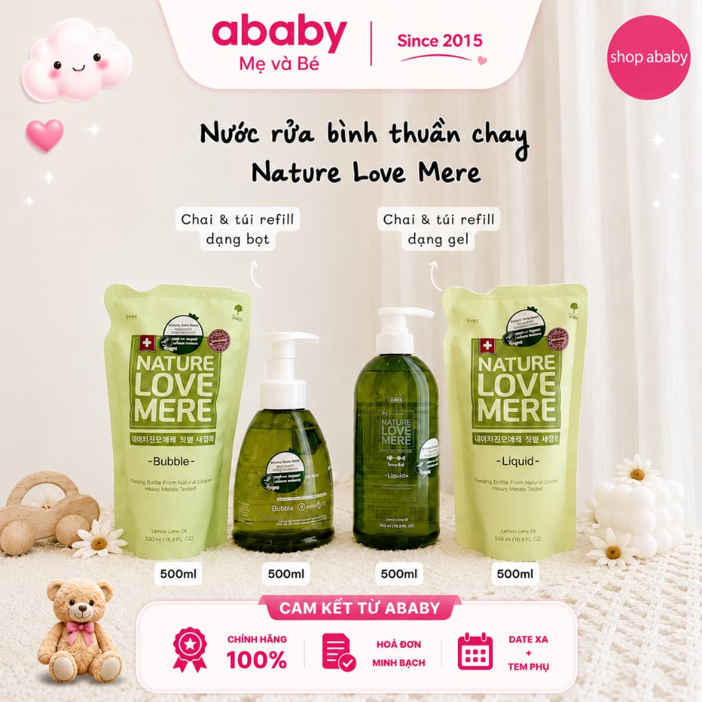 [Date 6/2028] Túi nước rửa bình thuần chay dạng gel/ tạo bọt Nature Love Mere 500ml