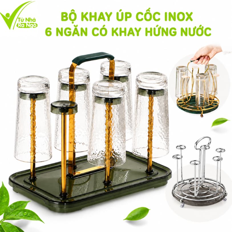 Khay Úp Cốc Inox 6 Ngăn Có Khay Hứng Nước Kèm Quai Xách Tiện Lợi Giá Úp Ly Thoáng Khô Gọn Gàng GD246