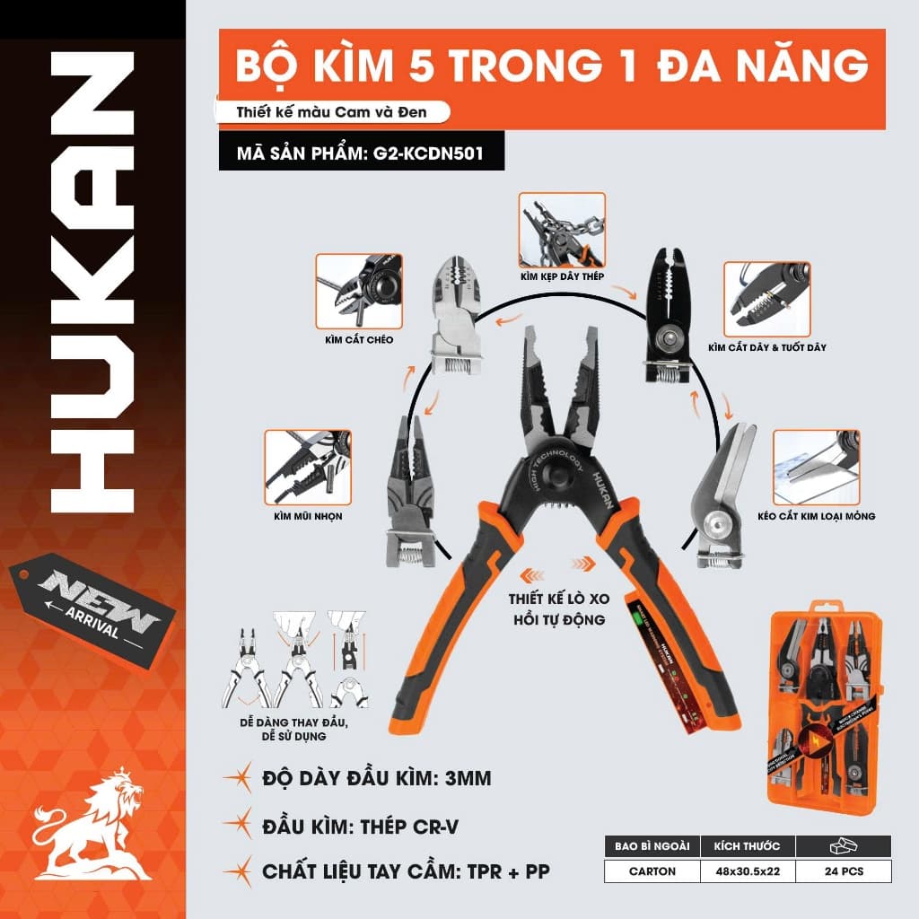 Bộ Kìm Thép 5 Trong 1 Đa Năng HUKAN G2-KCDN501, 5 Đầu Kìm Thay Đổi, Có Lò Xo Hồi Tự Động