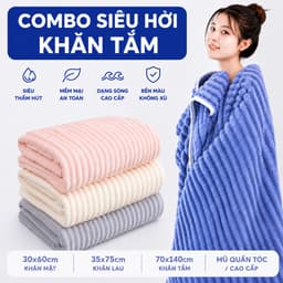 Combo Khăn Tắm Siêu Thấm Hút 70x140cm Khăn Mặt 30x60 35x75 Mũ Ủ Tóc Cao Cấp Dạng Sóng Mềm Mại Lau Khô Nhanh 1