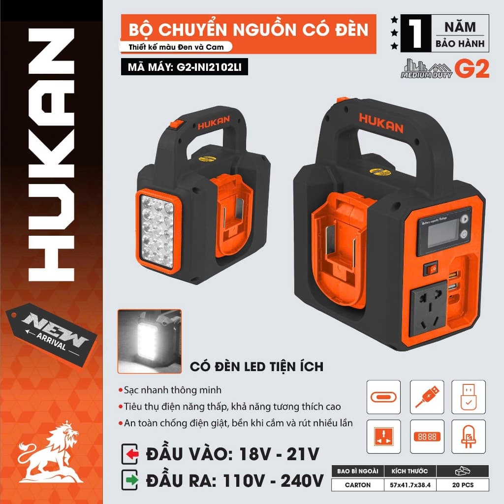 Bộ Chuyển Nguồn Chuyển từ 21v lên 240v HUKAN G2-INI2102LI - Có Đèn Led - Dùng Pin Chân Phổ Thông