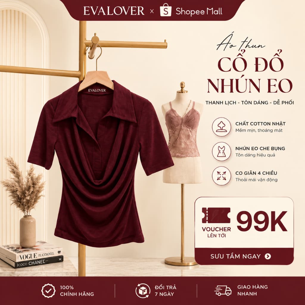 Áo Thun Nữ Evalover Cộc Tay Mã 301 Thiết Kế Cổ Đổ Phối Sơ Mi Cotton Nhật Mềm Mát