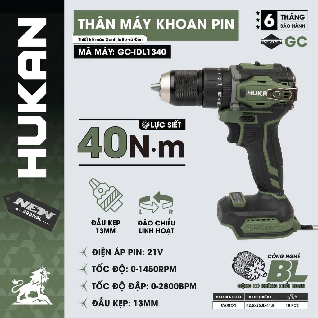 Máy Khoan Pin HUKAN GC-IDL1340 Đầu 13mm, Lực Siết 40Nm, Động Cơ Không Chổi Than, Chân Pin Phổ Thông