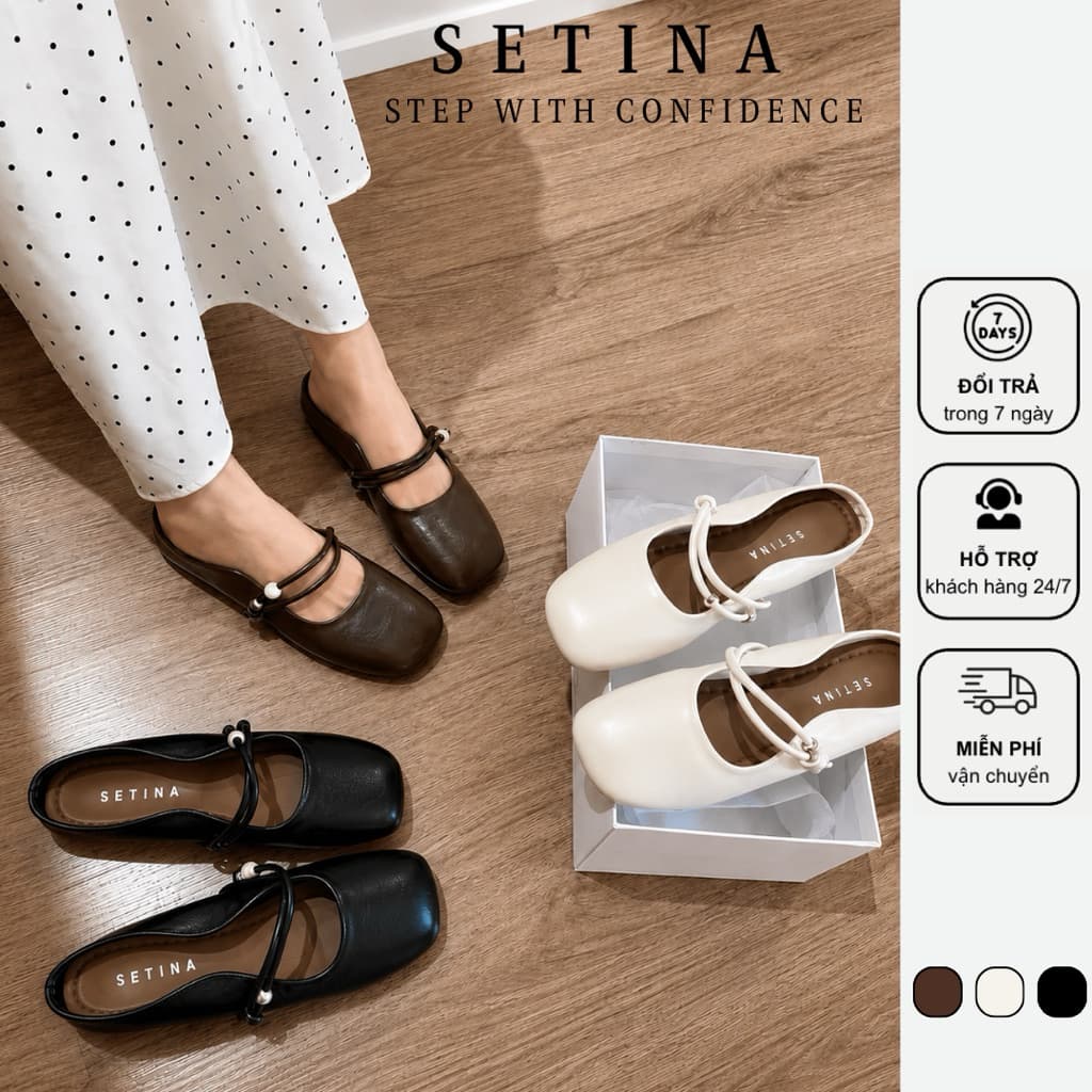 Giày Sục Nữ Quai Ngang SETINA Da Mềm Quai Đôi Mũi Vuông Bo Đế Bệt Phong Cách Tối Giản GSD200