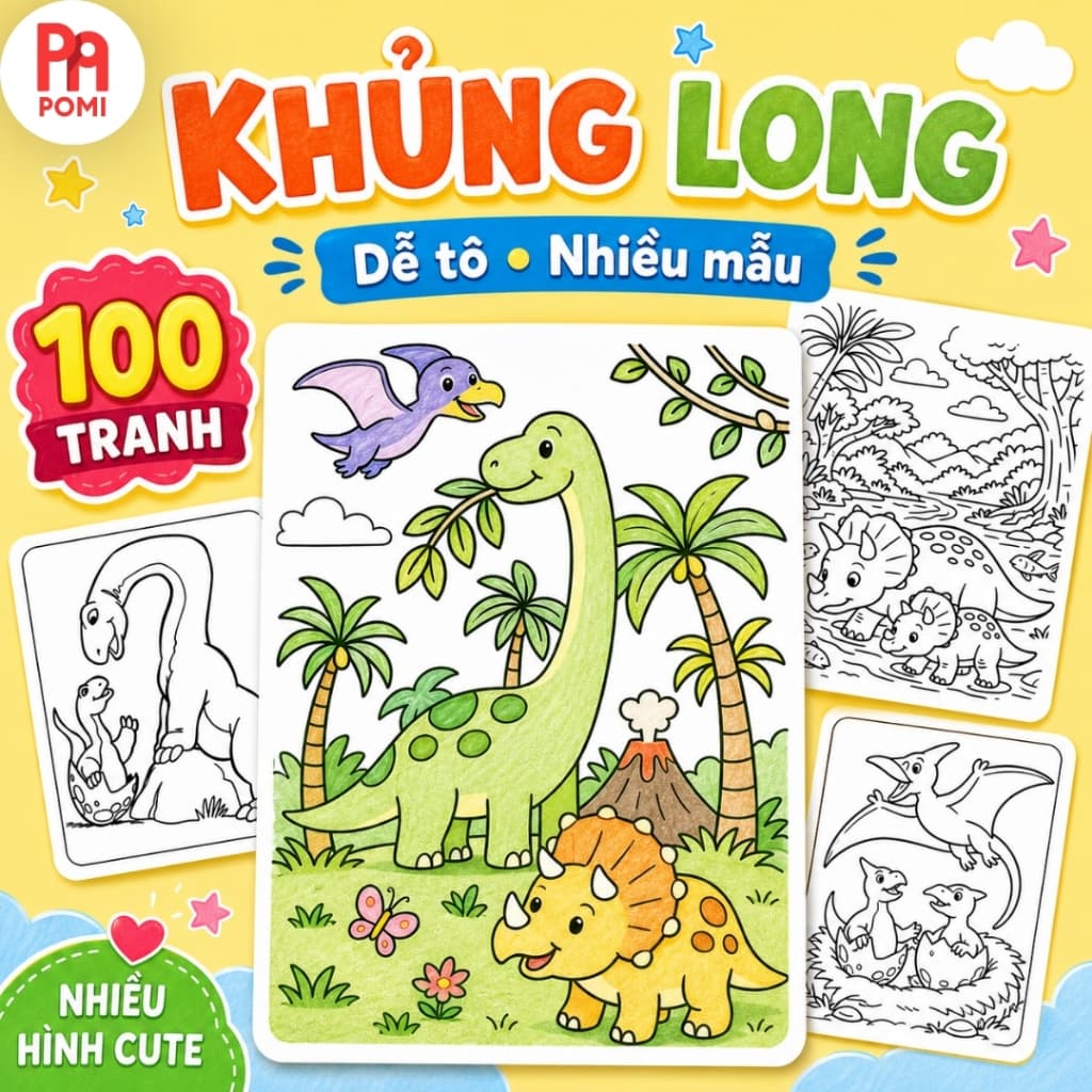 Tranh tô màu khủng long nhiều mẫu không trùng giấy A4 A5 cho bé - Đồ chơi POMI