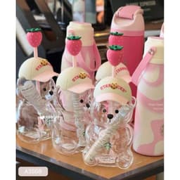 DÂU TÂY ( KÈM ẢNH THẬT ) Cốc Thủy Tinh Gấu Starbucks Đội Mũ Kèm Ống Hút 600ml Ly Thủy Tinh Starbucks Gấu Cốc Uống Nước 4