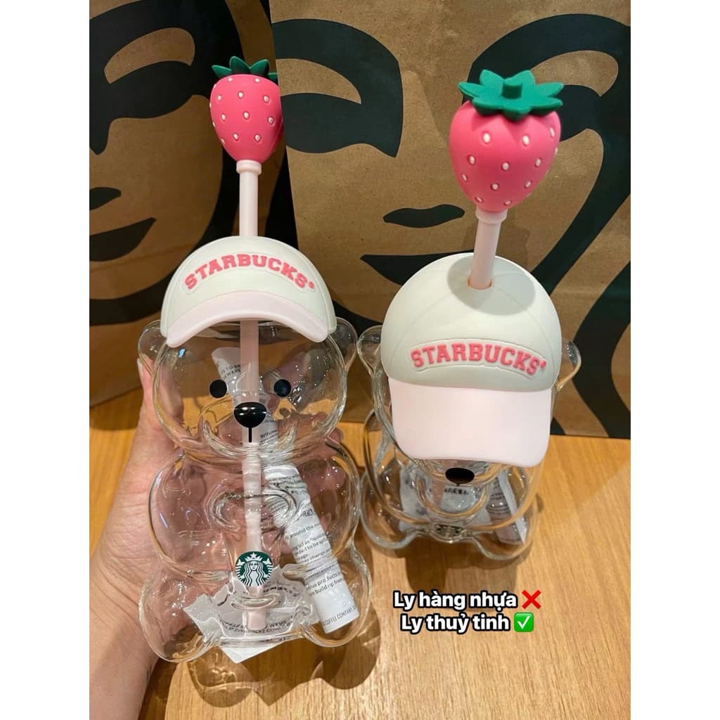 DÂU TÂY ( KÈM ẢNH THẬT ) Cốc Thủy Tinh Gấu Starbucks Đội Mũ Kèm Ống Hút 600ml Ly Thủy Tinh Starbucks Gấu Cốc Uống Nước