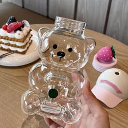DÂU TÂY ( KÈM ẢNH THẬT ) Cốc Thủy Tinh Gấu Starbucks Đội Mũ Kèm Ống Hút 600ml Ly Thủy Tinh Starbucks Gấu Cốc Uống Nước 8
